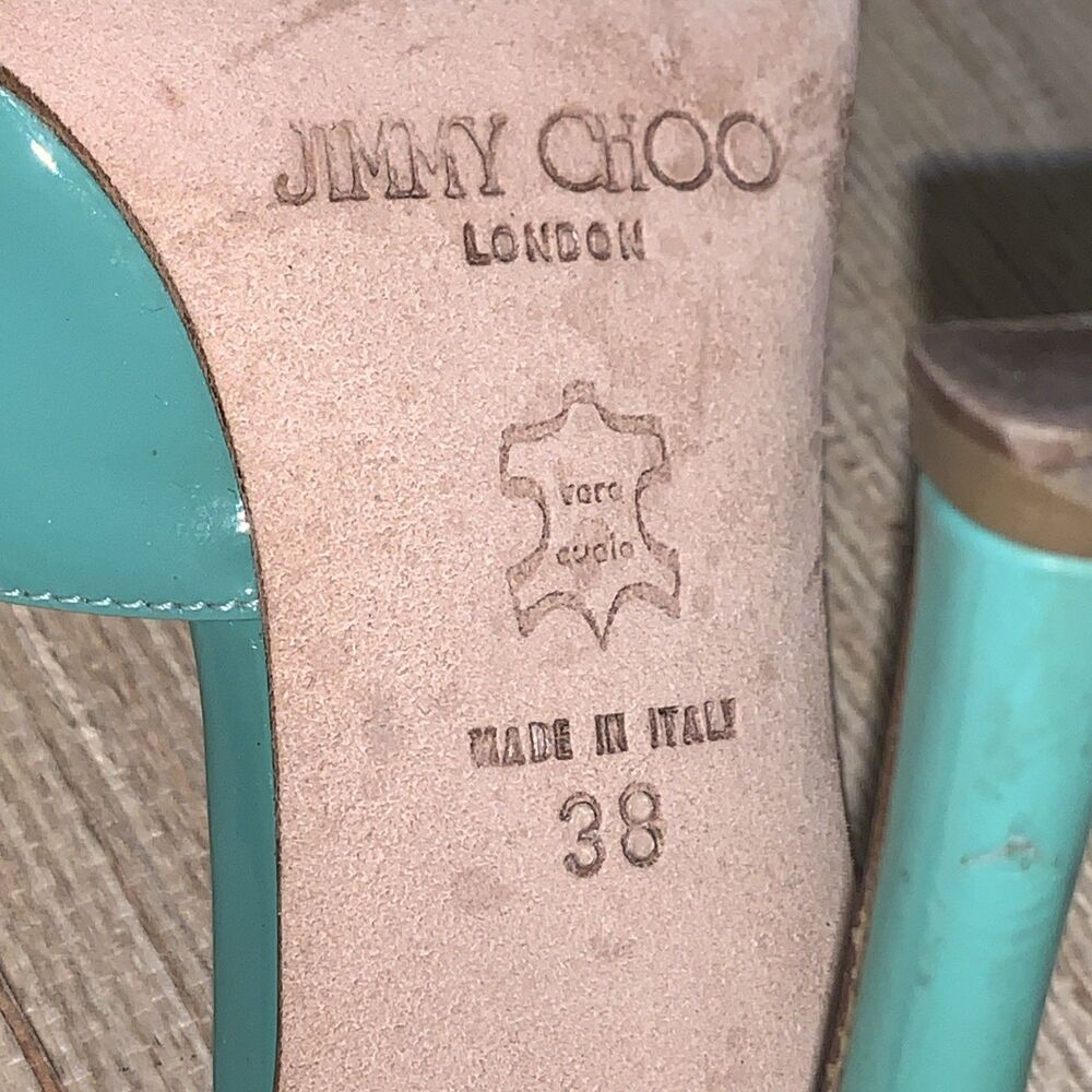 Jimmy Choo Turquoise/Green Patent Leather Sandals Preppy Office Womens 8 EU 38 - Picture 9 of 16